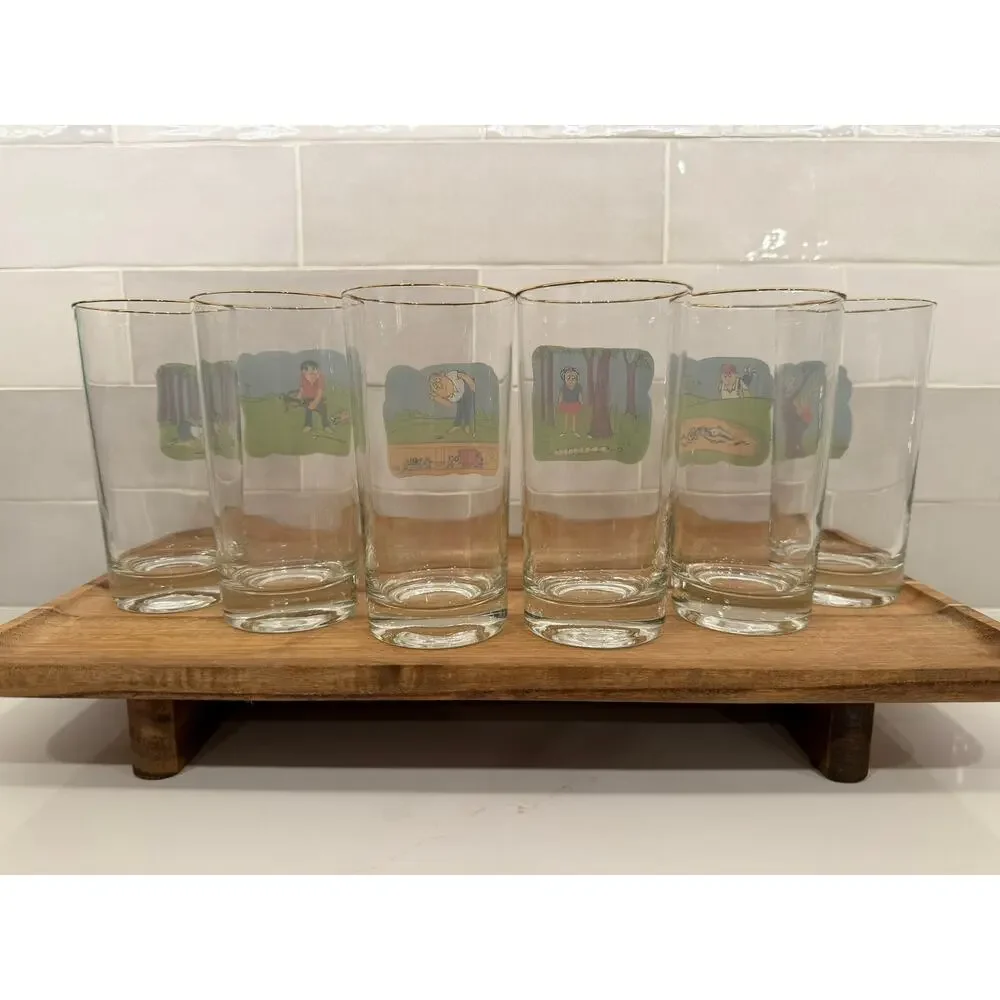 Vintage Ashby Cartoon Golf Tumbler Drinking Glasses Set‎ of 6
